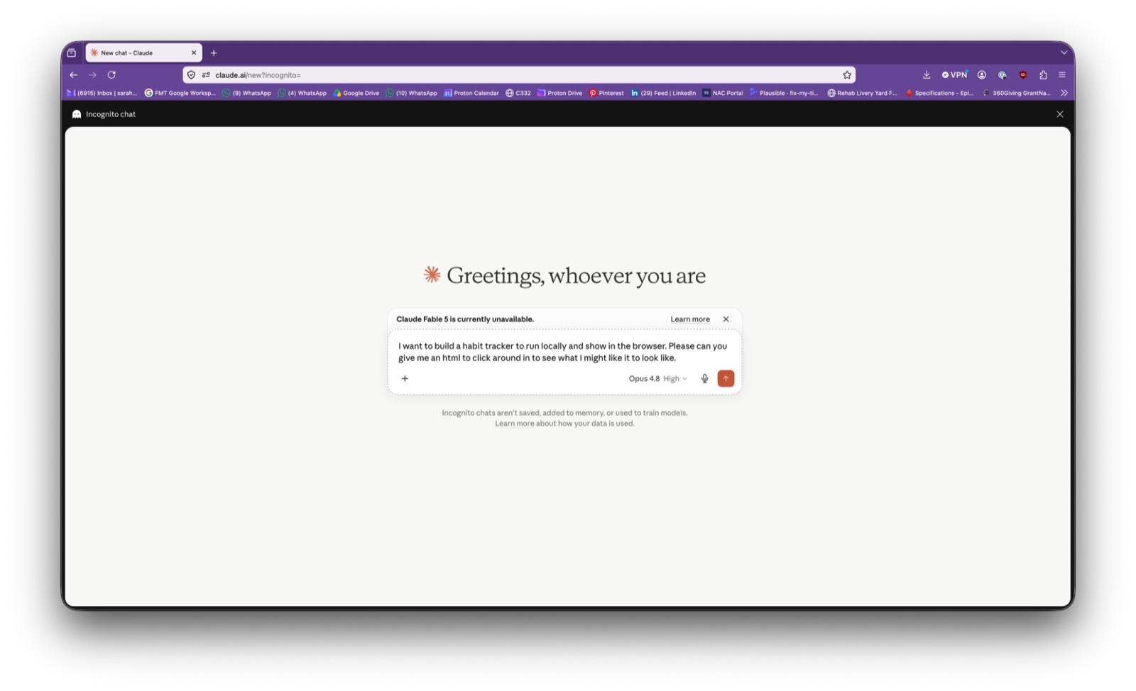 Claude open in a fresh incognito browser window, ready for a prompt