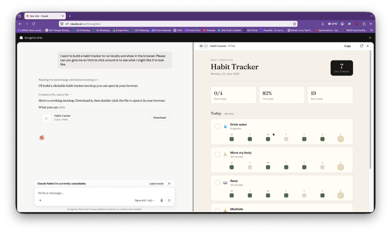 Claude's preview pane showing the finished habit tracker — date at the top, list of habits, tick boxes for each day, streak counter