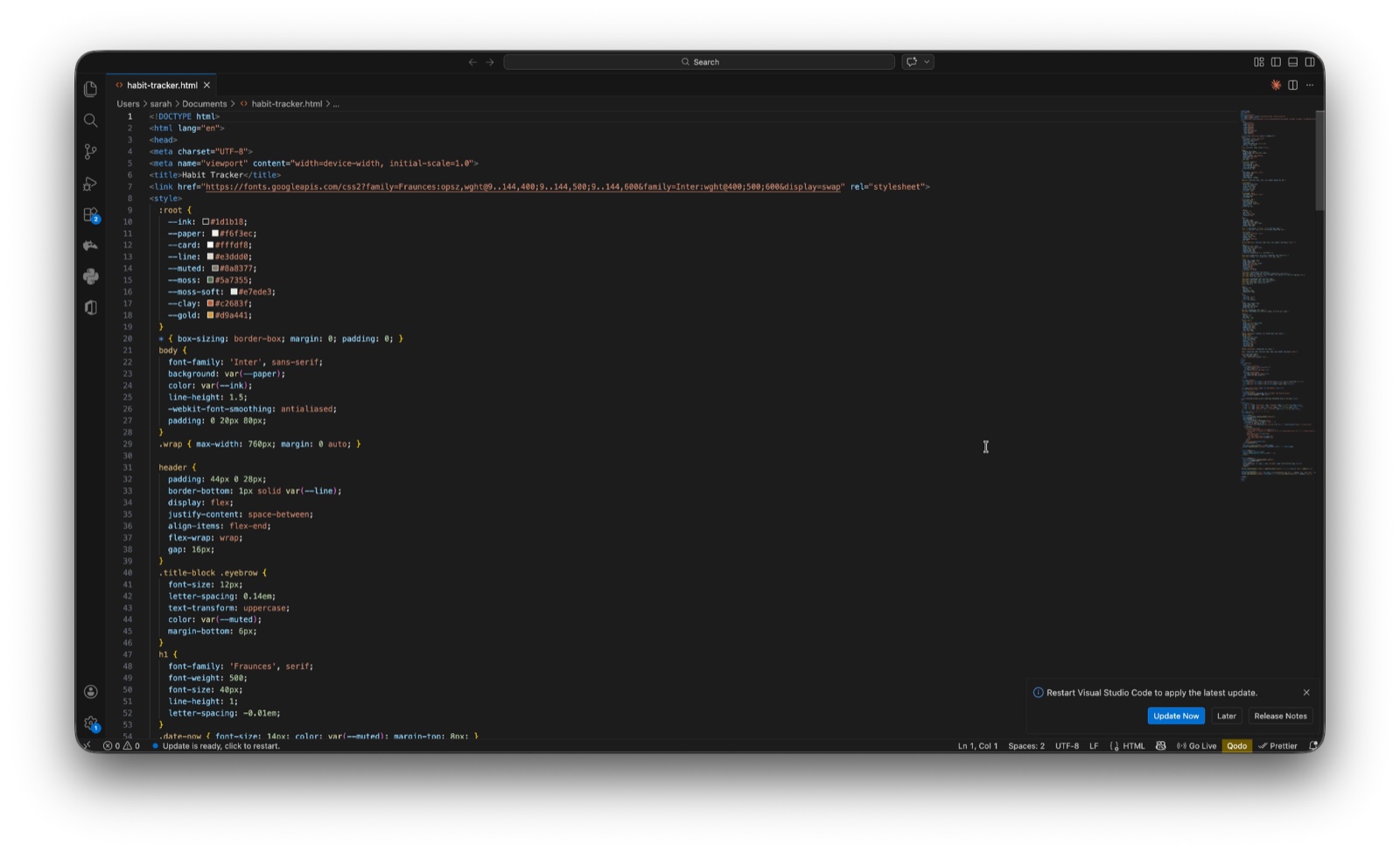 VS Code open on the habit-tracker.html file: dark theme, syntax-highlighted HTML/CSS/JS scrolling down the screen