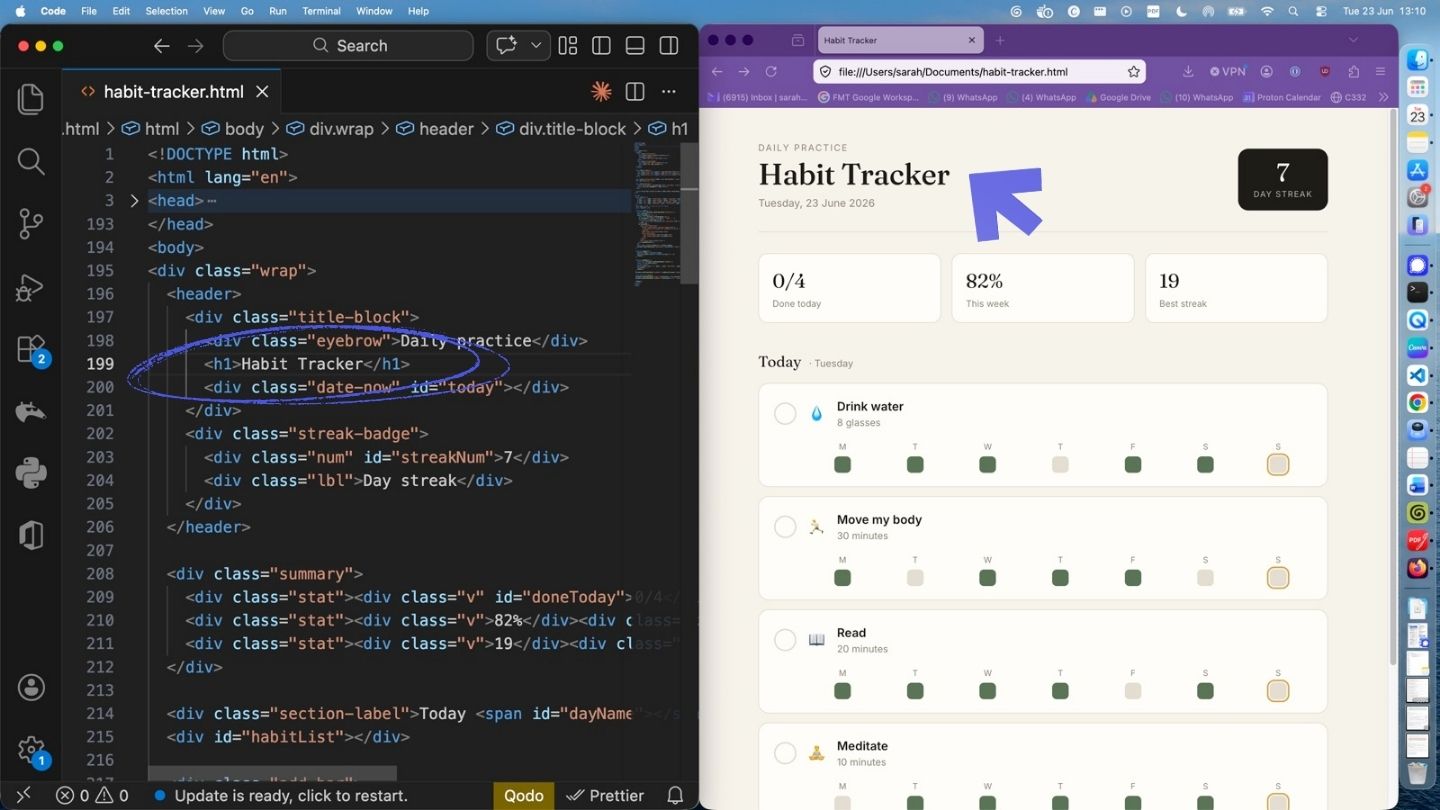 VS Code zoomed in on the line that reads <h1>Habit Tracker</h1>, the line we're about to change