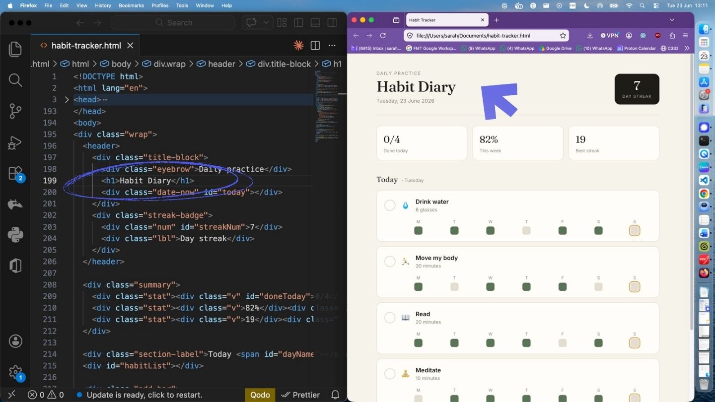 Browser refreshed: the habit tracker page now reads "Habit Diary" at the top instead of "Habit Tracker"