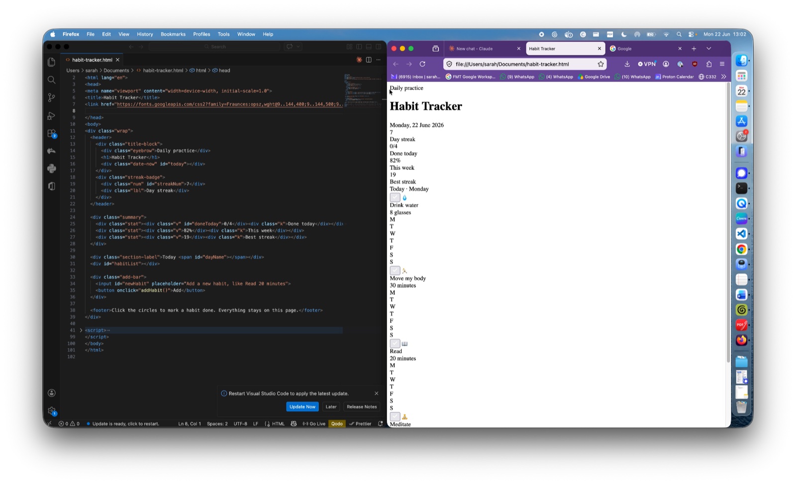 Browser showing the habit tracker with all CSS deleted: stark Times New Roman text on a white background, unstyled checkboxes, no spacing — "absolute garbage"